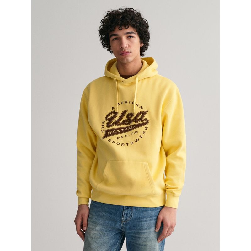 GANT Men Yellow Embroidered Hooded Full Sleeves Pullover Style Sweatshirt (XL)