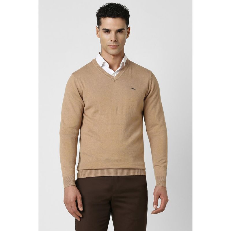 Van Heusen Men Khaki Textured V Neck Sweater (S)