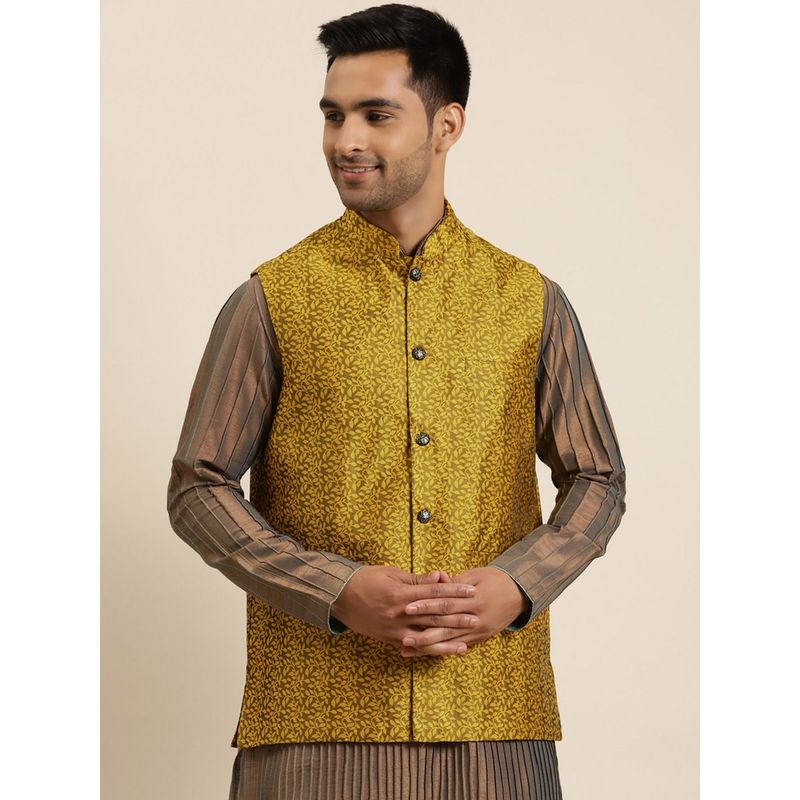 SOJANYA Jacquard Silk Mustard Self Design Only Nehru Jacket (S)
