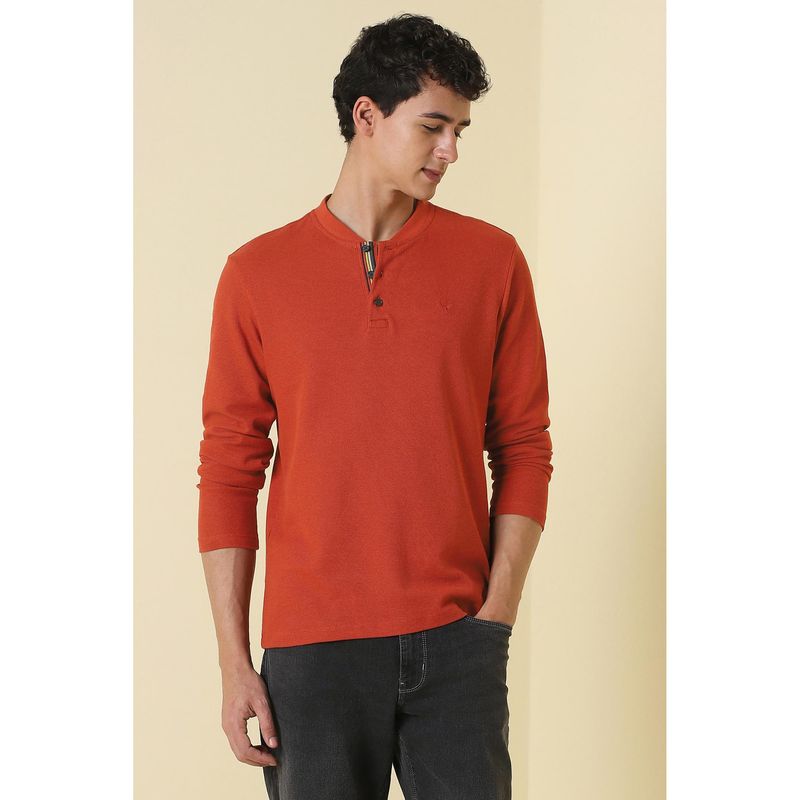 Allen Solly Men Rust Textured Henley Neck T-Shirt (M)