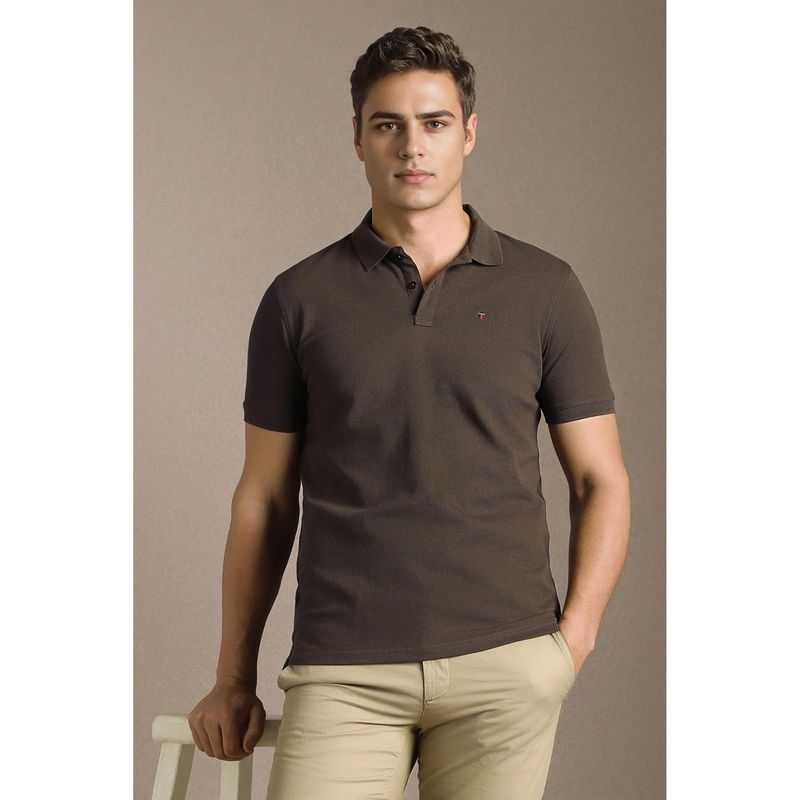 Louis Philippe Men Brown Solid Regular Fit Polo T-Shirt (L)