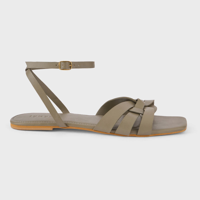 IYKYK by Nykaa Fashion Olive Green Solid Interlaced Ankle Strap Flats (EURO 40)