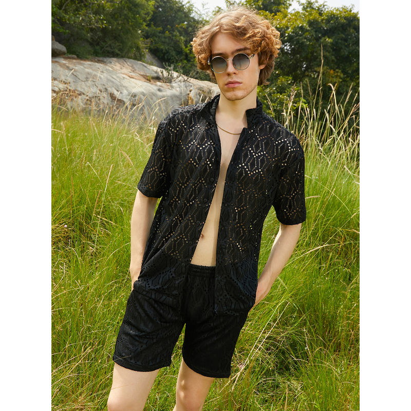 Campus Sutra Mens Raven Black Boho Knit Co-Ord (Set of 2) (S)