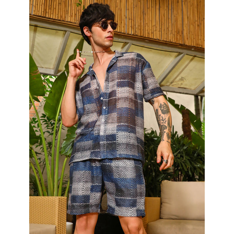 Campus Sutra Mens Navy Blue and Off White Block Knitted Co-Ord (Set of 2) (XL)