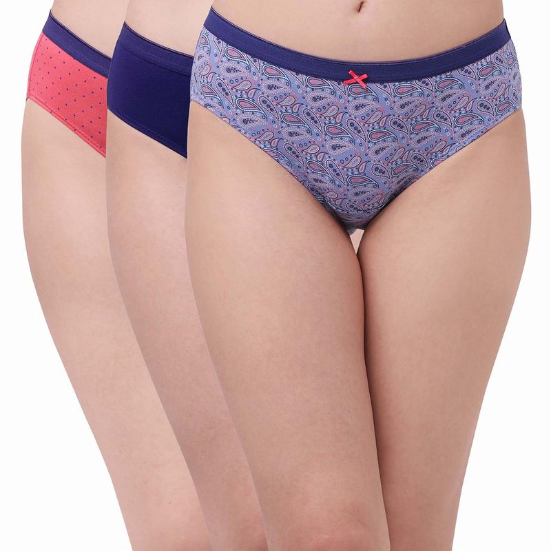 SOIE High Rise Full Coverage Solid and Printed Cotton Stretch Hipster Panty (Pack of 3)-Multi-Color (L)