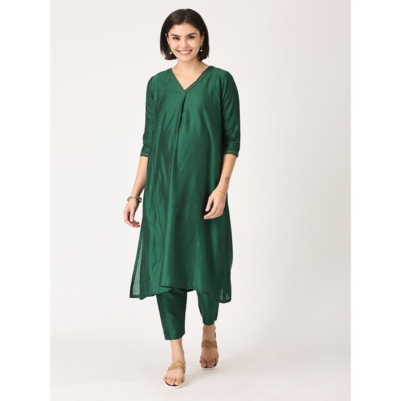 The Mom Store Eden Green Embroidered Maternity & Nursing Silk Kurta with Pant (Set of 2) (S)