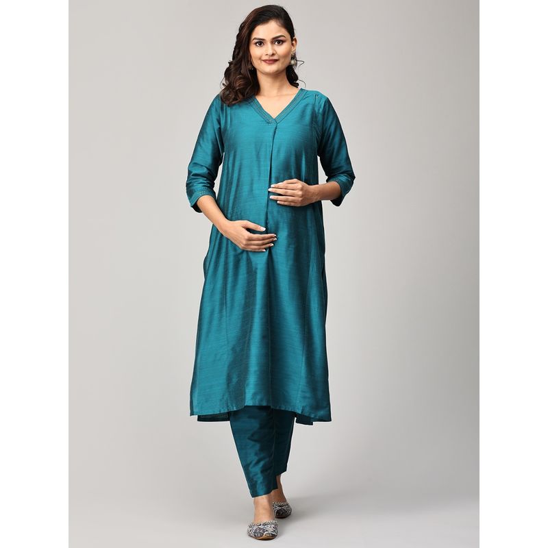 The Mom Store Drama at Gala Embroidered Maternity & Nursing Silk Kurta with Pant (Set of 2) (S)