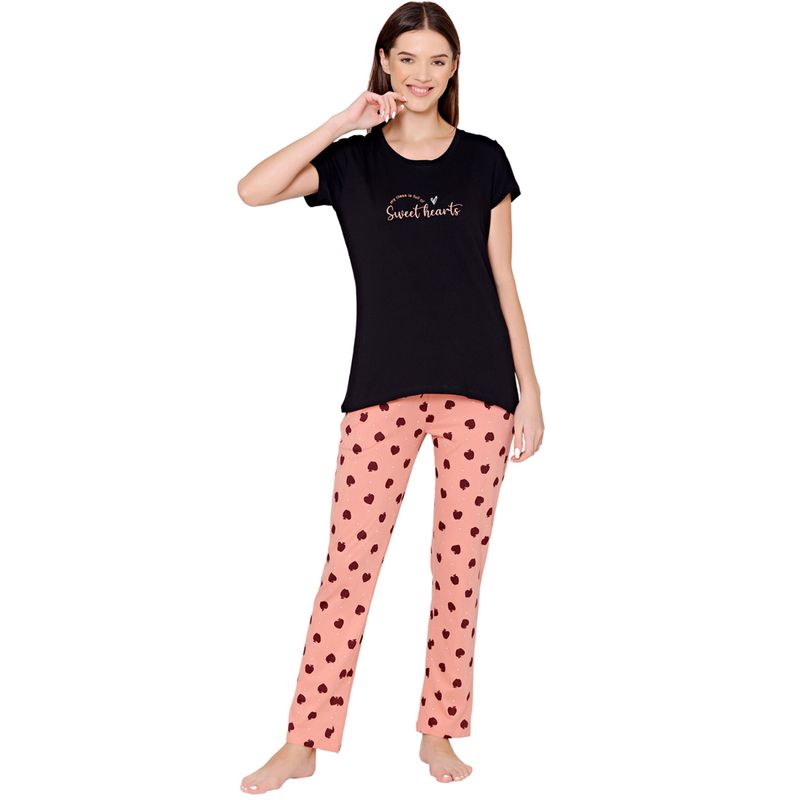 Bodycare Womens Combed Cotton T-Shirt & Pyjama BSLS11035 Black (Set of 2) (M)