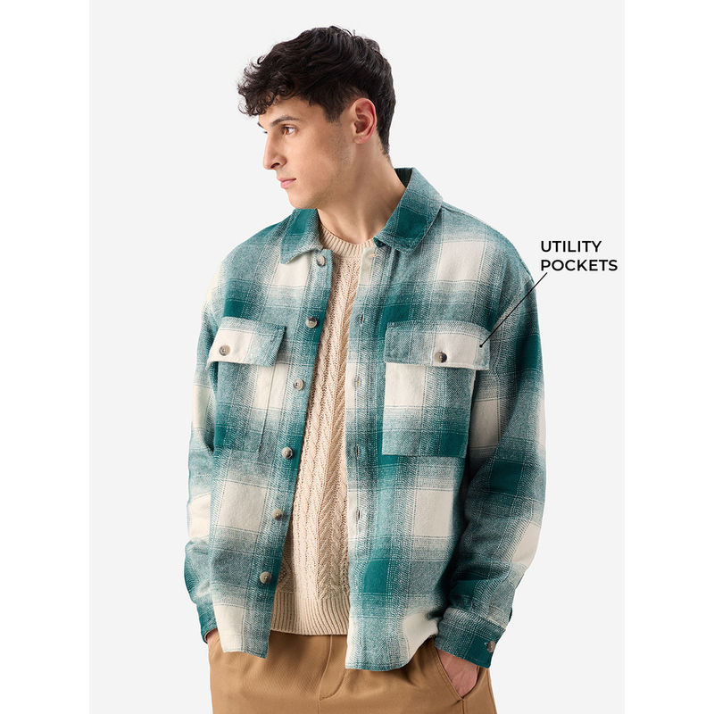 The Souled Store Originals Plaid: Light Teal and White Men Flannel Shacket (M)