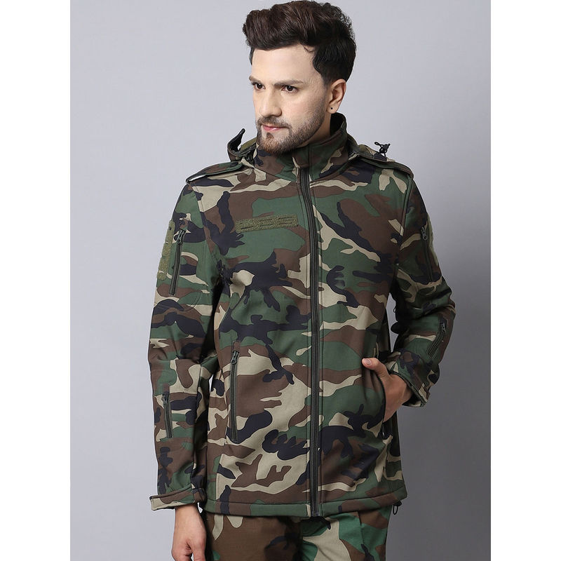 MountMiller Men's Camouflage 12 Zipper SoftShell Ripstop Tactical Hooded Jacket | Multi-Pocket (S)