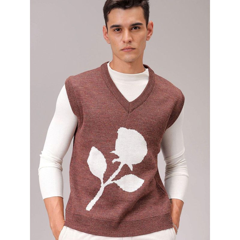 The Indian Garage Co Men Relaxed Fit Floral V-Neck Sleeveless Sweater (S)