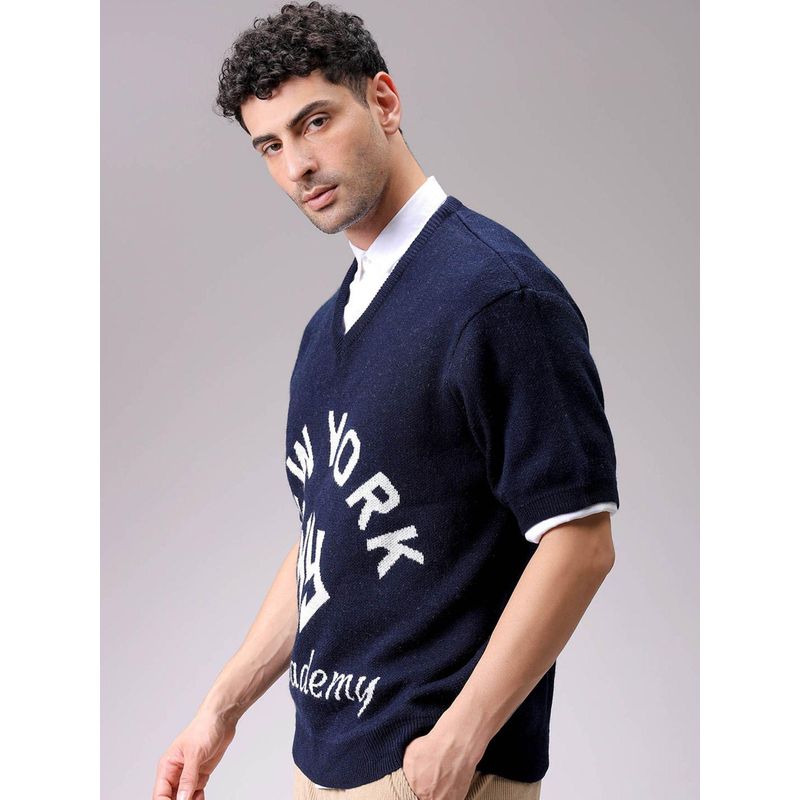The Indian Garage Co Men Boxy Fit Typography V-Neck Half Sleeves Sweater (S)