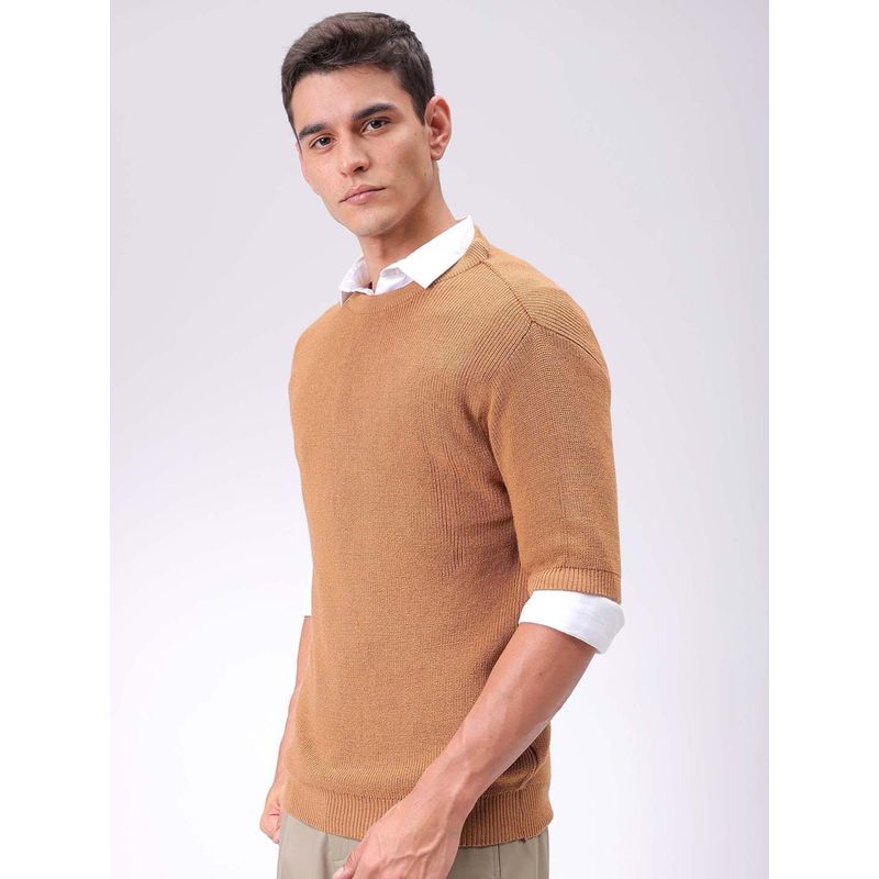 The Indian Garage Co Men Relaxed Fit Self Design Crew Neck Half Sleeves Sweater (S)