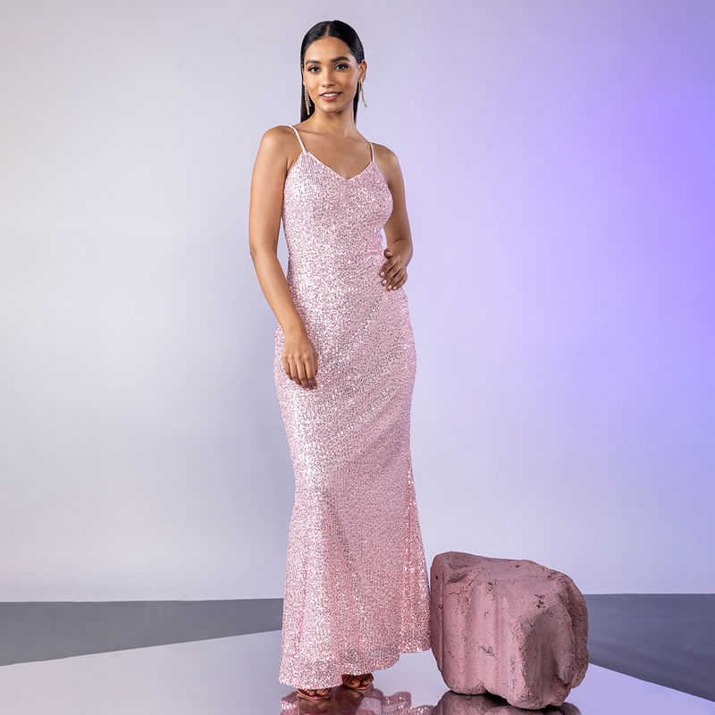 Twenty Dresses by Nykaa Fashion Pink V Neck Strappy Godet Sequin Gown (XS)