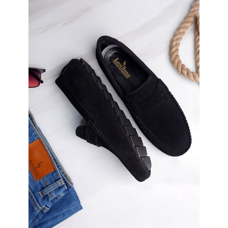 Louis Stitch Black Italian Suede Leather Handmade Driving Loafers (UK 6)