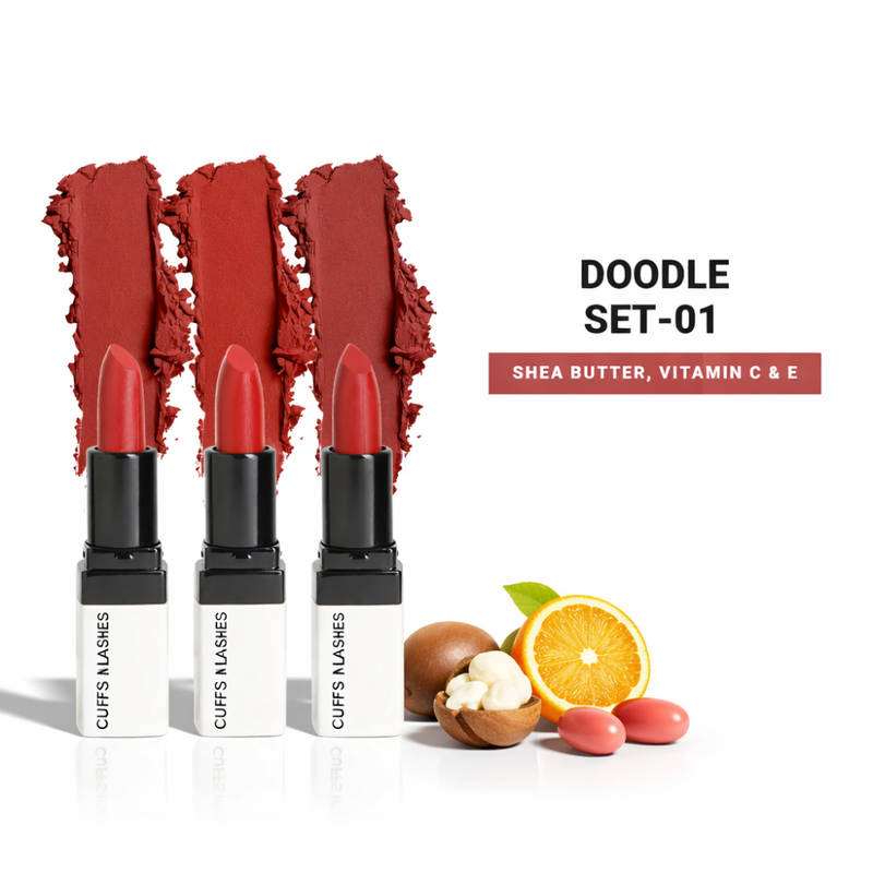 CUFFS N LASHES Doodle Lipstick Set 1 - Scribble Red, Crayon Crimson & Scribble Story
