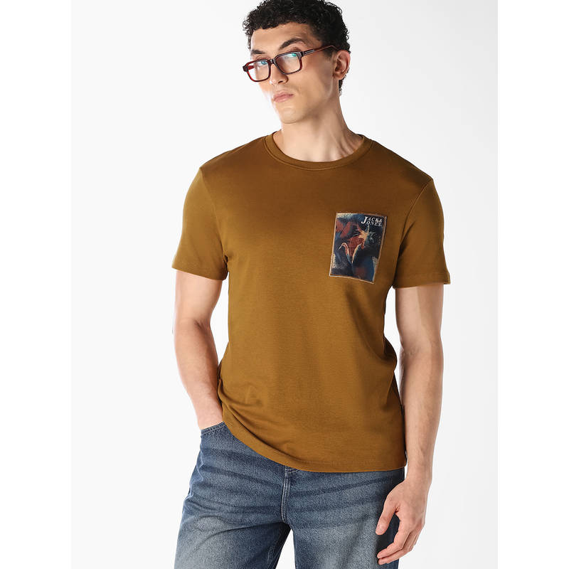 Jack & Jones Men Brown Applique Patchwork T-Shirt (S)