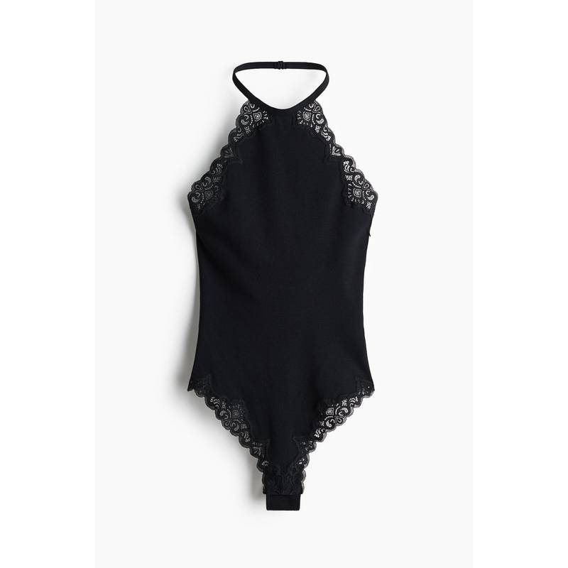 H&M Women Black Lace-Trimmed Cotton Bodysuit (XS)