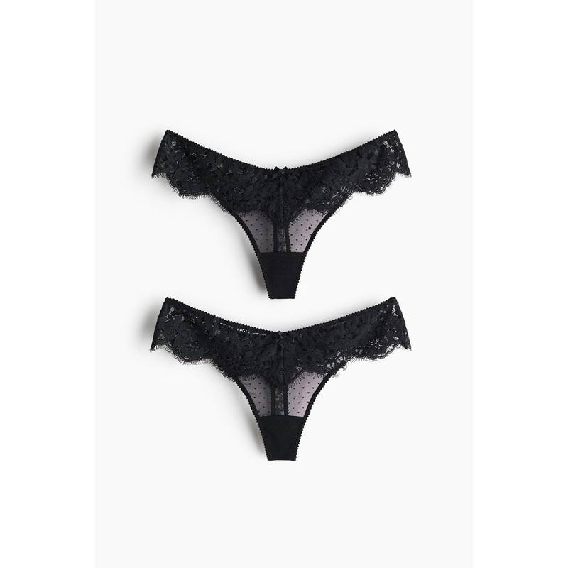 H&M Women Black 2-Pack Lace Thong Briefs (XS)
