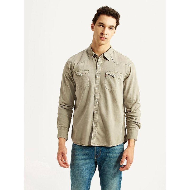 Levi's Mens Solid Beige Slim Fit Casual Shirt (L)