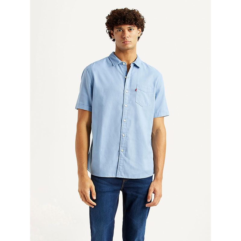 Levi's Mens Solid Light-Blue Slim Fit Casual Shirt (L)
