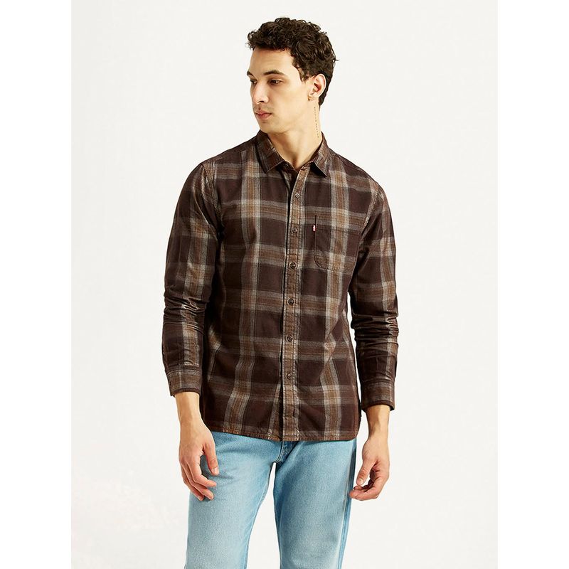 Levi's Mens Checkered Brown Slim Fit Casual Shirt (XL)