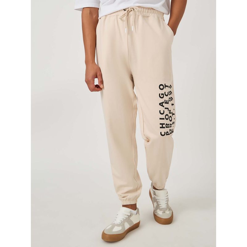 Styli Men Oversized Fit Cotton Terry Beige Joggers (S)