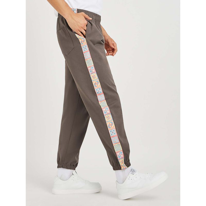 Styli Men Side Motif Printed Tape Relaxed Fit Brown Joggers (M)