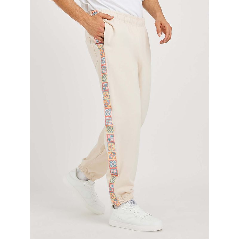 Styli Men Side Motif Printed Tape Relaxed Fit Cream Joggers (L)