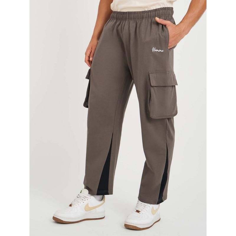 Styli Men Colorblock Relax Fit Open Hem Brown Cargos (S)