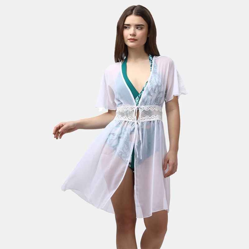 SOIE Aqua Swimwear Crocheted Half Sleeves White Sheer Robe Cover Up (M)