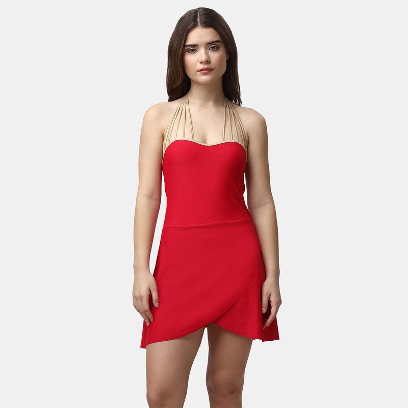 SOIE Aqua Swimwear Metallic Stringed Halter Neck Swim Dress With Attached Shorts (XL)