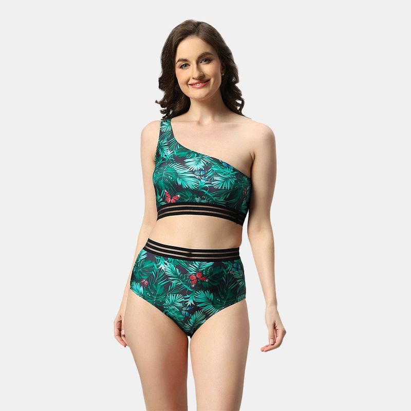 SOIE Aqua Swimwear One-shoulder Tropical Print Bikini Swimsuit (S)