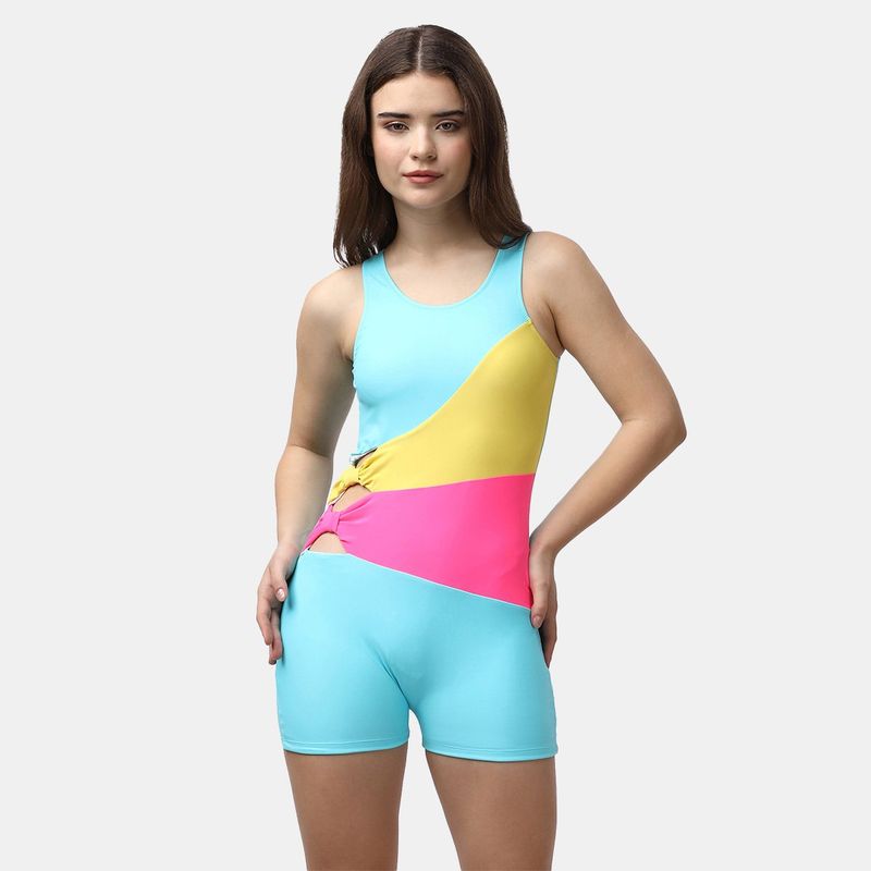 SOIE Aqua Swimwear Colour Blocked Asymmetric Swimsuit with Bow Detailing (S)