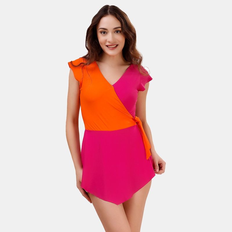 SOIE Aqua Swimwear Colour Blocked Swimdress with Attached Shorts and Butterfly Sleeves (M)