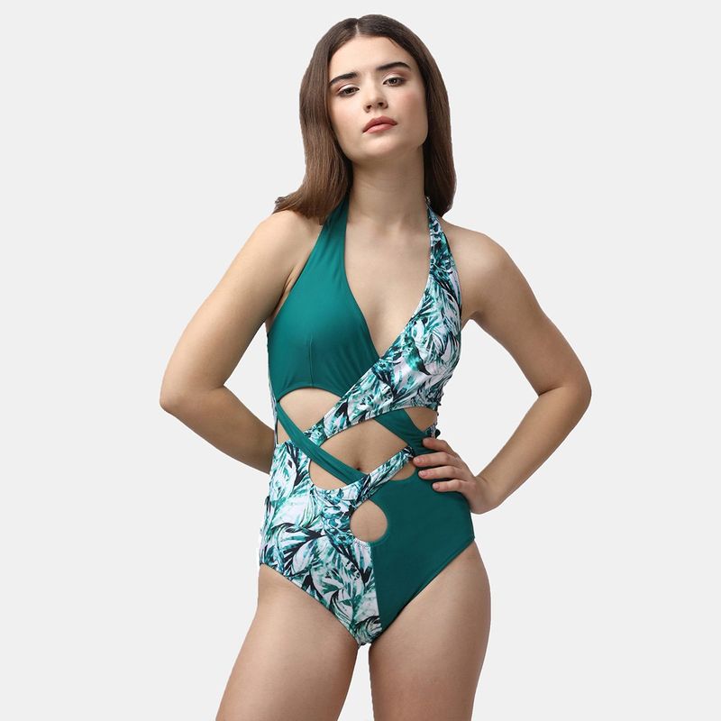 SOIE Aqua Swimwear Solid and Tropical Printed Halter Neck Swimsuit (S)