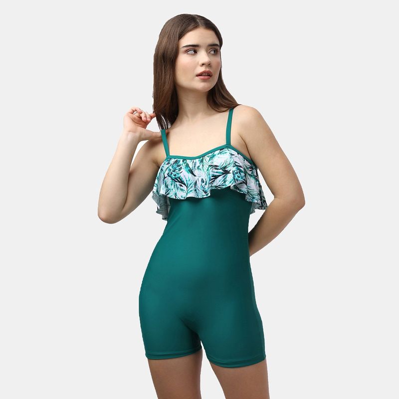 SOIE Aqua Swimwear Tropical Printed Ruffled Neckline Mid Thigh Length Solid Swimsuit (S)