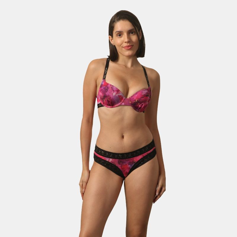 SOIE Padded Wired Medium Coverage Bra With Mid Rise Cheekini Panty Lingerie (Set of 2) (36C)