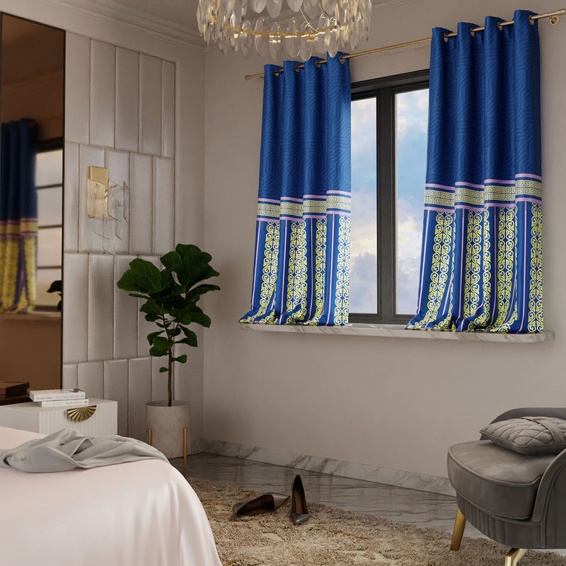 Stoa Paris Satin Printed Blue Monarch Window Curtain with Back Lining (5 x 5 feet)