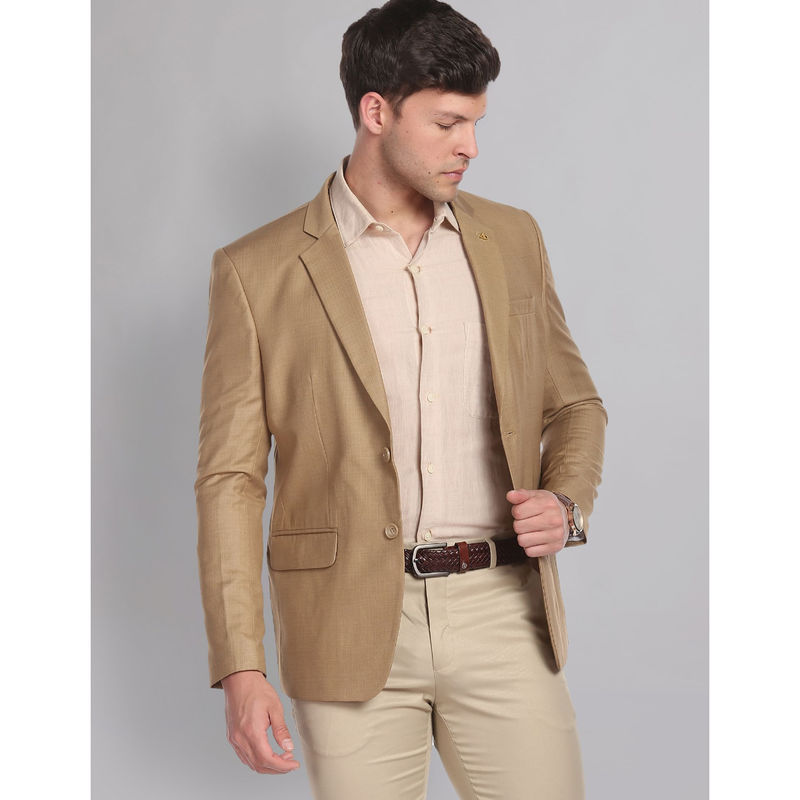 AD By Arvind Men Khaki Twill Weave Abstract Pattern Formal Blazer (44)