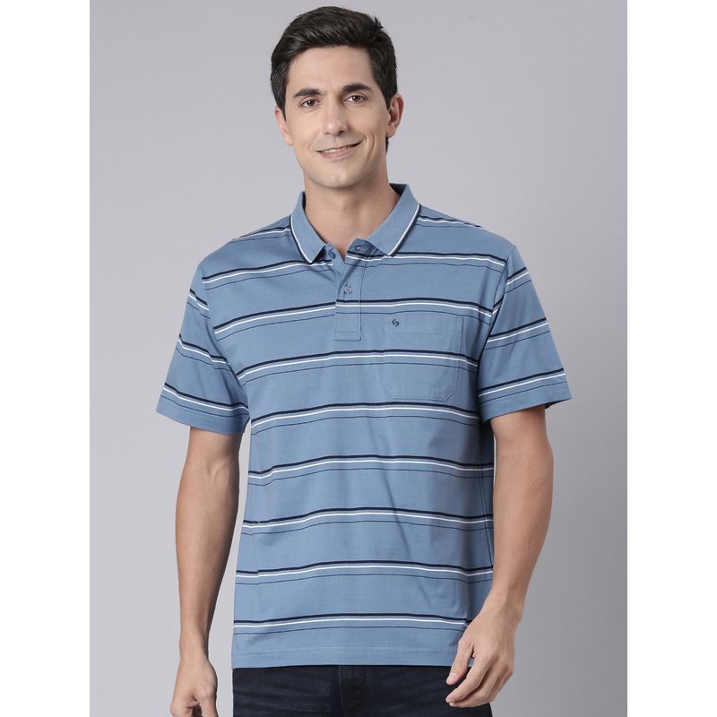 Classic Polo Men's Half Sleeve Blue Authentic Fit Striped Cotton Polo T-Shirt (M)