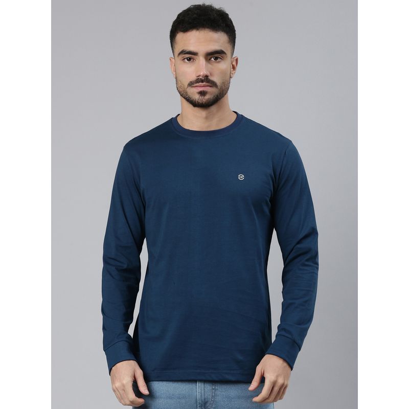 Classic Polo Men's Full Sleeve Teal Blue Crew Neck Slim Fit Solid Cotton T-Shirt (M)