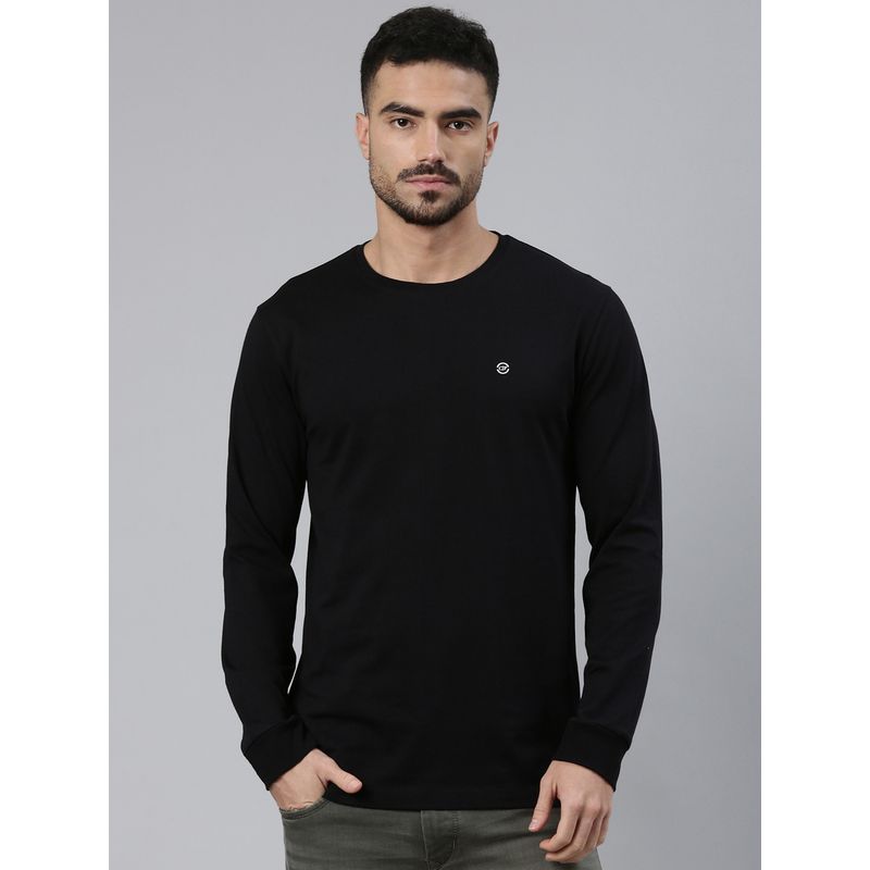 Classic Polo Men's Full Sleeve Black Crew Neck Slim Fit Solid Cotton T-Shirt (M)