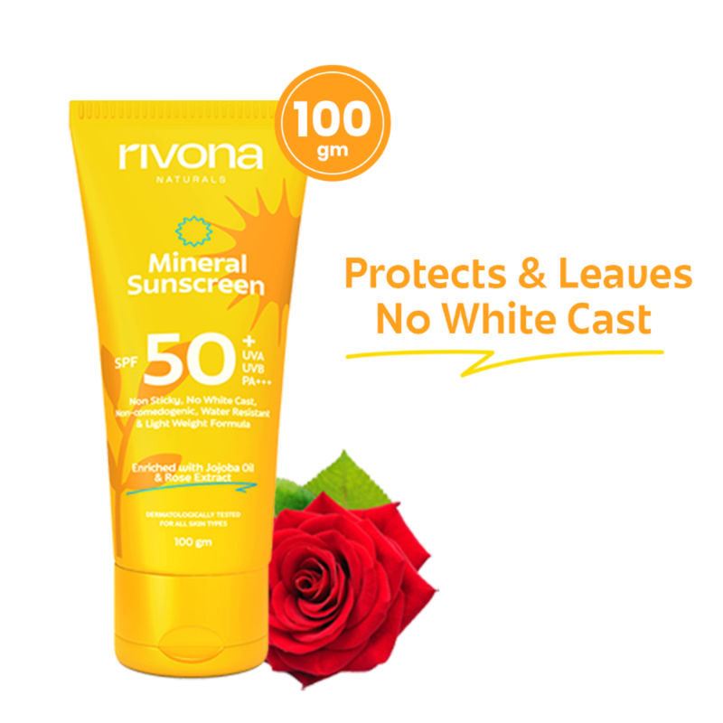 Rivona Naturals Mineral Sunscreen SPF 50 PA+++ Non-Sticky And No White Cast For All Skin Types