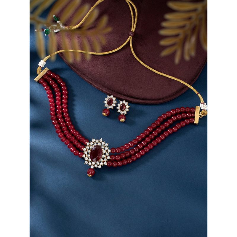 Buy Peora Maroon Beads Elegance Rhinestone Jewellery Set Online