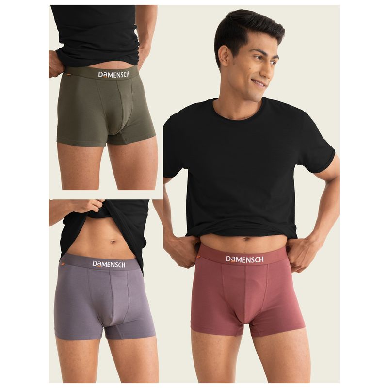 DaMENSCH Men Multi-Color Plain Cotton Blend Mid Waist Trunks (Pack of 3) (L)