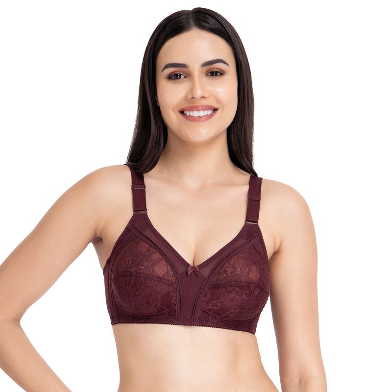 Amante Solid Non Padded Non Wired Full Coverage Lace Bra Wine (40C)