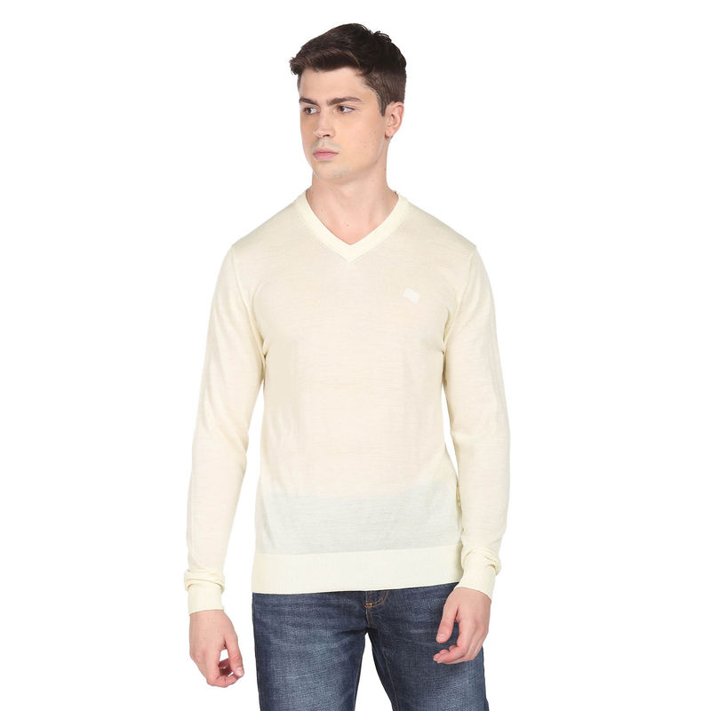 Arrow Men Beige V-Neck Solid Sweater (S)
