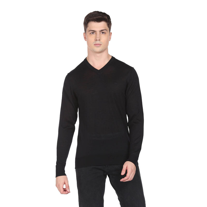 Arrow Men Black V-Neck Solid Sweater (M)