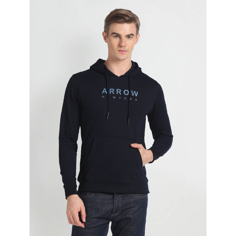 Arrow Sports Men Navy Hooded Brand Print Solid Sweatshirt (M)